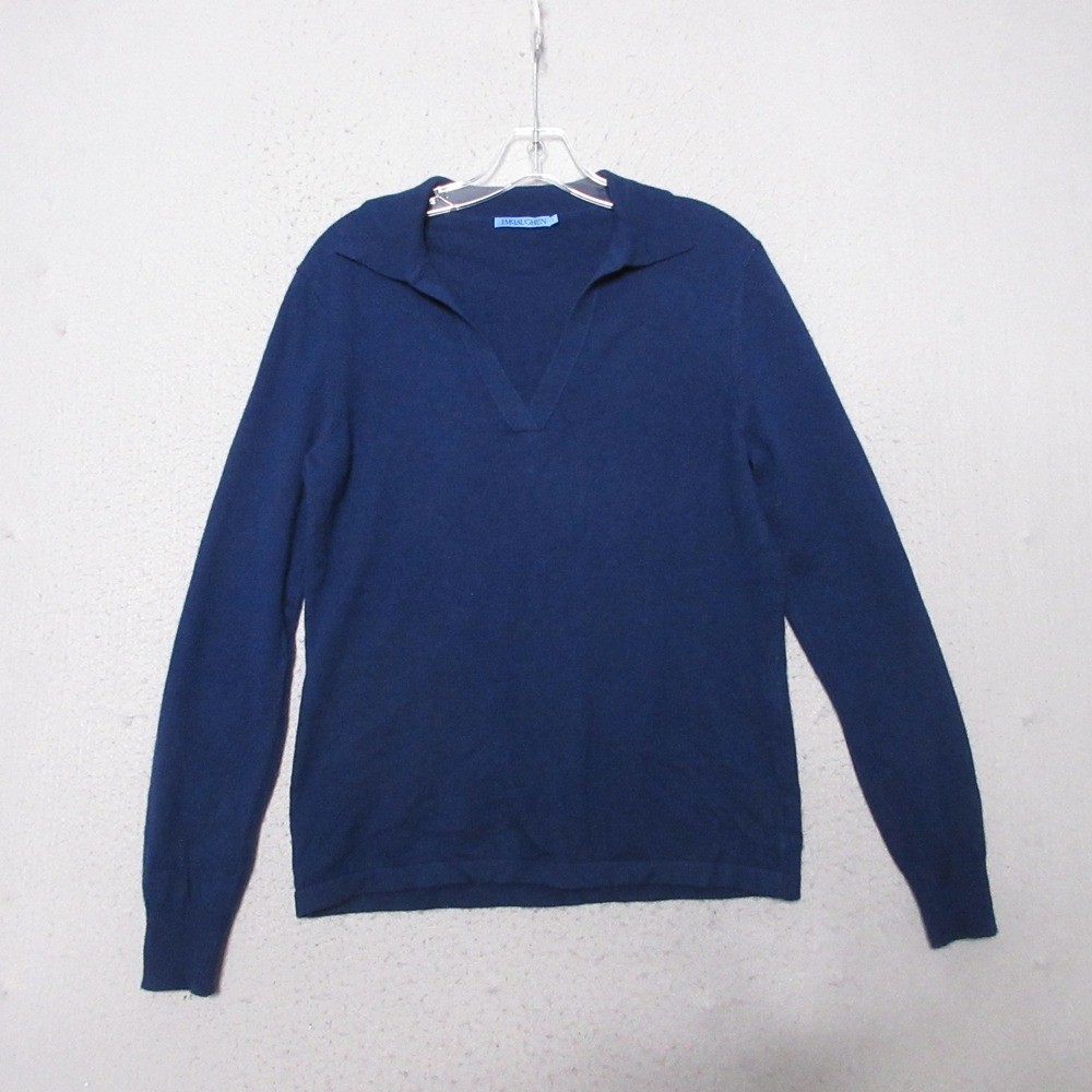 J. McLaughlin Sweater S Blue Cashmere V-Neck Polo Collar Preppy Quiet Luxury